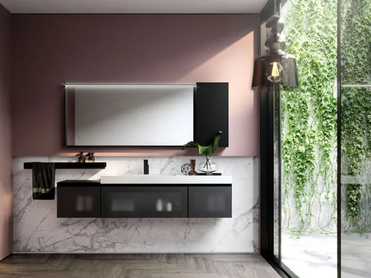 Mobile da Bagno sospeso in vetro e alluminio finitura nero Cubik 02 di Ideagroup