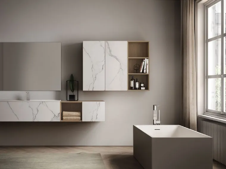 Mobile da Bagno sospeso in Gres Statuario e Rovere naturale Dogma 01 di Ideagroup