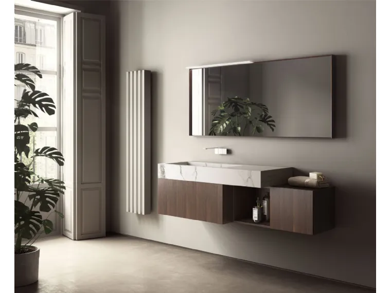 Mobile da Bagno sospeso in Rovere termocotto e lavabo integrato in Gres Statuario opaco Dogma 06 di Ideagroup
