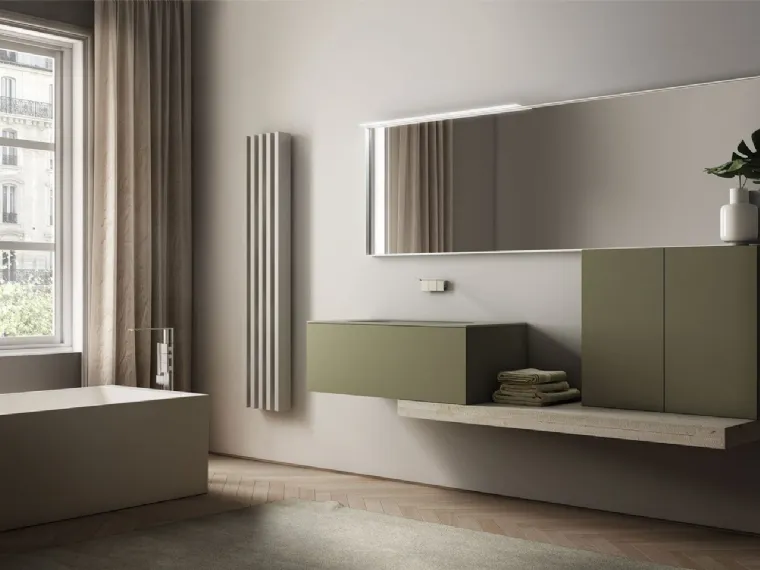 Mobile da Bagno sospeso in laccato opaco verde soft touch con piano da appoggio in Abete vintage sbiancato Dogma 12 di Ideagroup