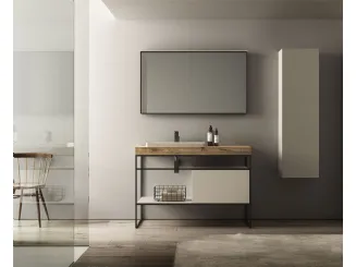 Mobile da Bagno a terra in laccato bianco opaco con top in Abete Vintage naturale e struttura in metallo Dogma 10 di Ideagroup