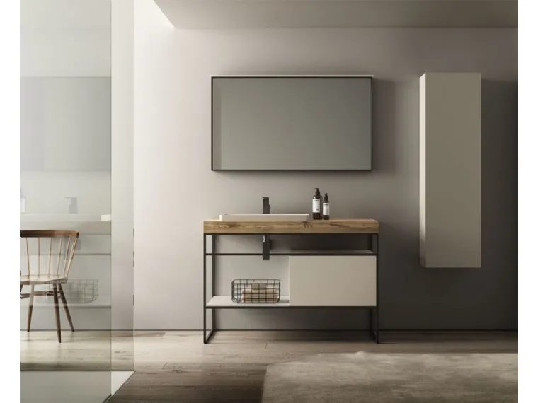 Mobile da Bagno a terra in laccato bianco opaco con top in Abete Vintage naturale e struttura in metallo Dogma 10 di Ideagroup
