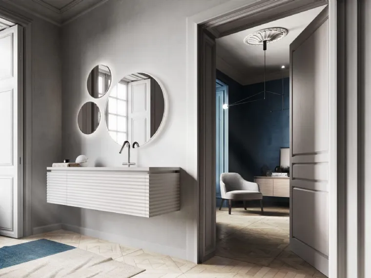 Mobile da Bagno sospeso in Rovere laccato bianco a poro aperto con finitura ondulata Dolcevita 01 di Ideagroup