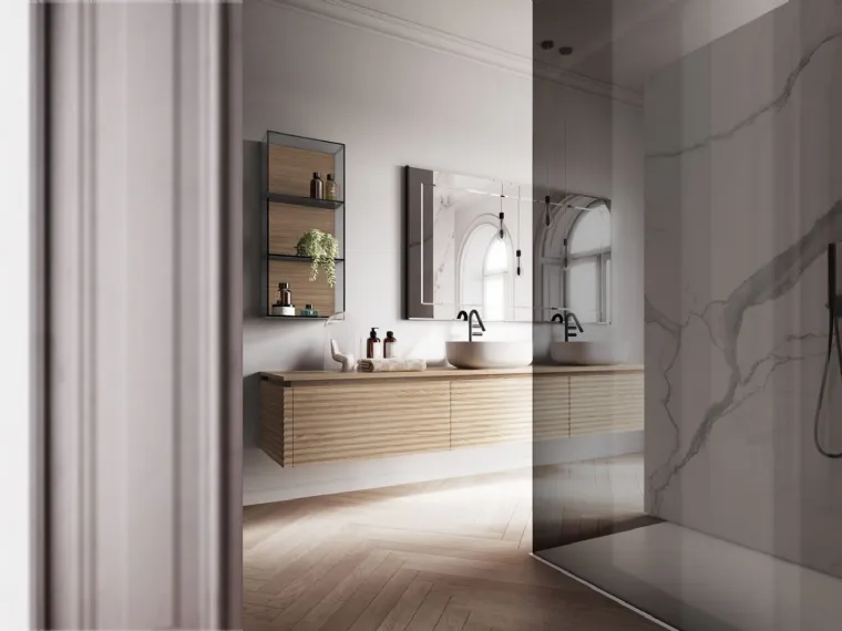 Mobile da Bagno sospeso in Rovere naturale ondulato Dolcevita 02 di Ideagroup