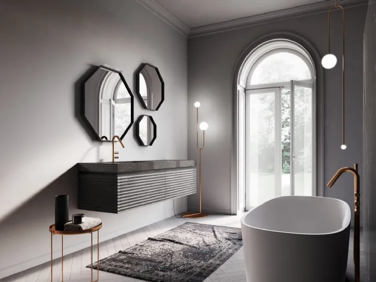 Mobile da Bagno sospeso in Rovere moro ondulato con top in Gres Marquinia lucido Dolcevita 03 di Ideagroup