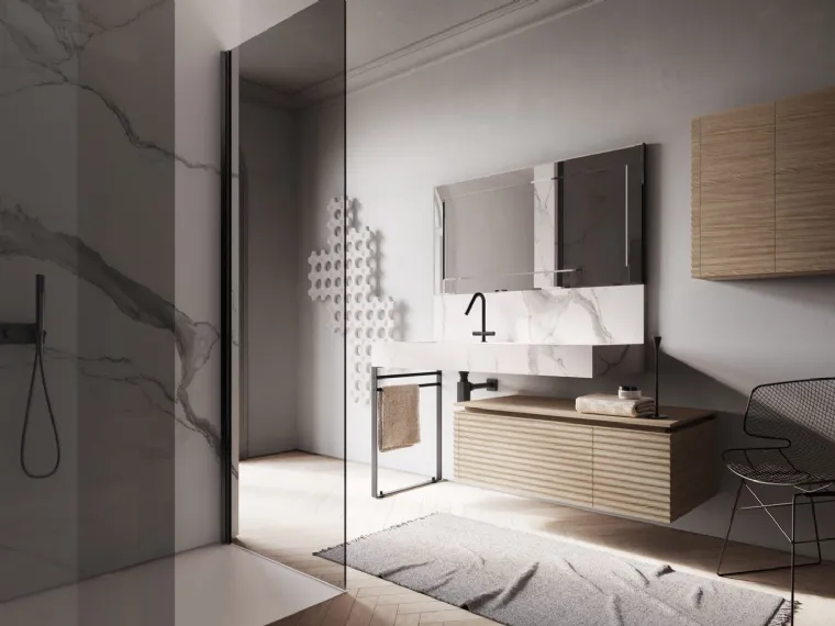 Mobile da Bagno sospeso in Rovere naturale ondulato e Gres Statuario Dolcevita 06 di Ideagroup