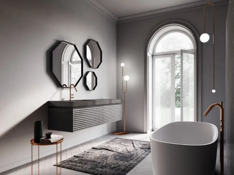Mobile bagno sospeso laccato rovere grigio marmo nero e specchio ottagonale di Ideagroup