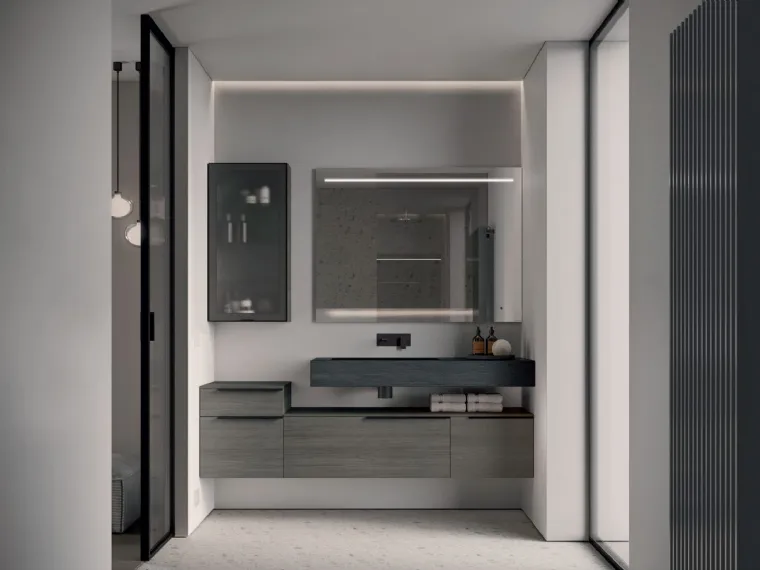 Mobile da Bagno sospeso in melaminico rovere e piano con lavabo integrato in Gres Ardesia nero My Time 15 di Ideagroup