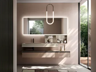 Mobile da Bagno sospeso in laccato biscotto opaco e Teak sabbiato bianco Sense 10 di Ideagroup