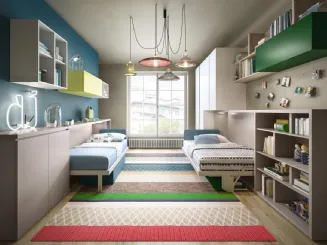 Cameretta salvaspazio Ambiente Young 01 con vista aperta letto Kali Standard e Kali Board con Chaise Longue Miguel e Tetris e Living Young System componibile  di Clei