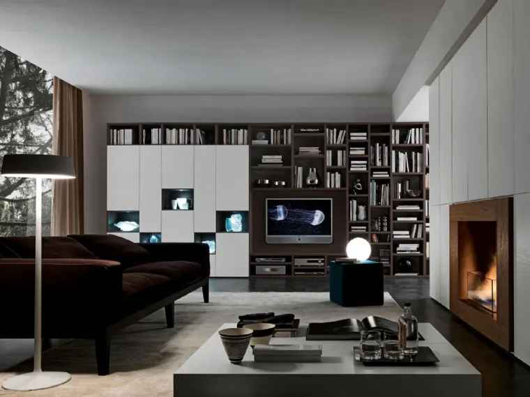 Libreria porta tv moderna in legno e laccato bianco opaco Pari&Dispari 01 di Presotto