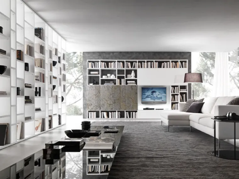 Libreria a muro in melaminico effetto marmo e laccato bianco opaco Pari&Dispari 02 di Presotto