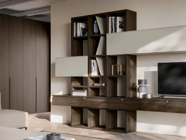 Libreria in melaminico effetto legno e laccato opaco GS211 di SantaLucia