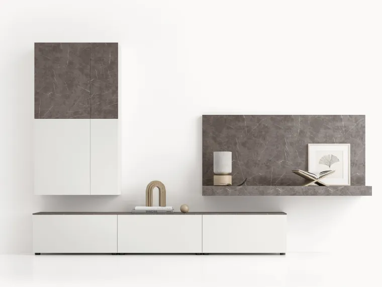 Parete Attrezzata GS307 in laccato opaco e finitura effetto marmo grafite di SantaLucia