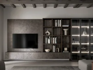 Parete Attrezzata GS308 in melaminico effetto marmo grafite con ante in vetro di SantaLucia