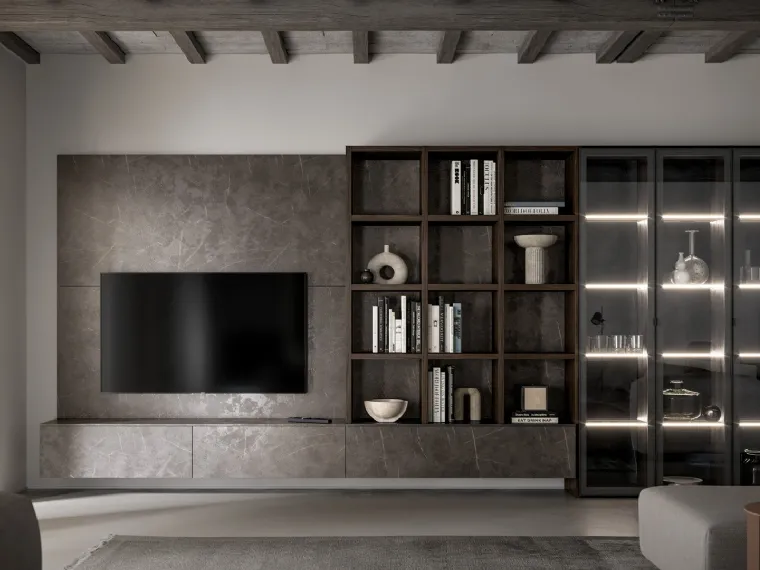 Parete Attrezzata GS308 in melaminico effetto marmo grafite con ante in vetro di SantaLucia