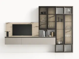 Parete Attrezzata GS309 in laccato opaco con boiserie effetto marmo e ante in vetro di SantaLucia