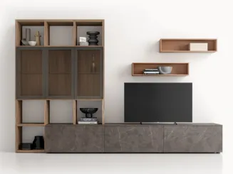 Parete Attrezzata GS313 in melaminico finitura effetto marmo e legno di SantaLucia