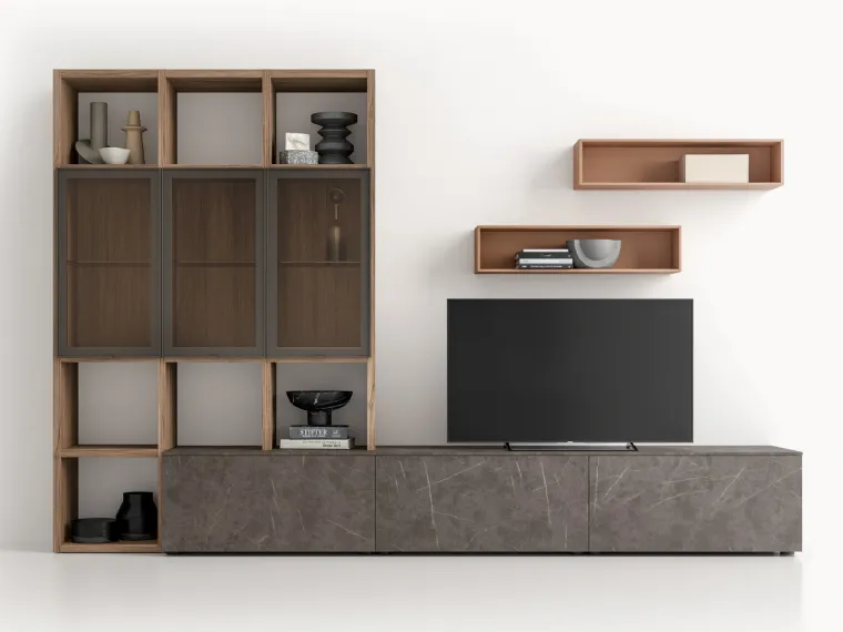 Parete Attrezzata GS313 in melaminico finitura effetto marmo e legno di SantaLucia