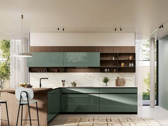 Cucina Moderna con penisola Altea Composizione 01 in vetro verde aloe di Prima Cucine