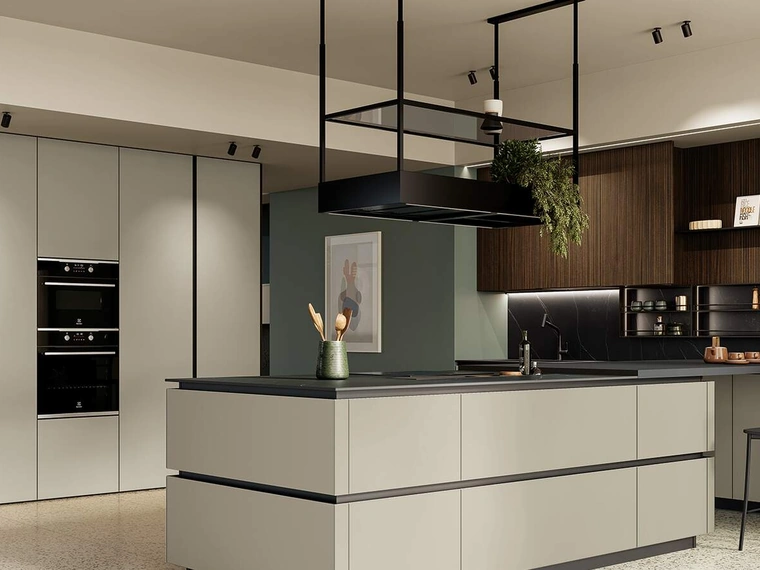Cucina Moderna con penisola Altea Composizione 02 in vetro opaco di Prima Cucine