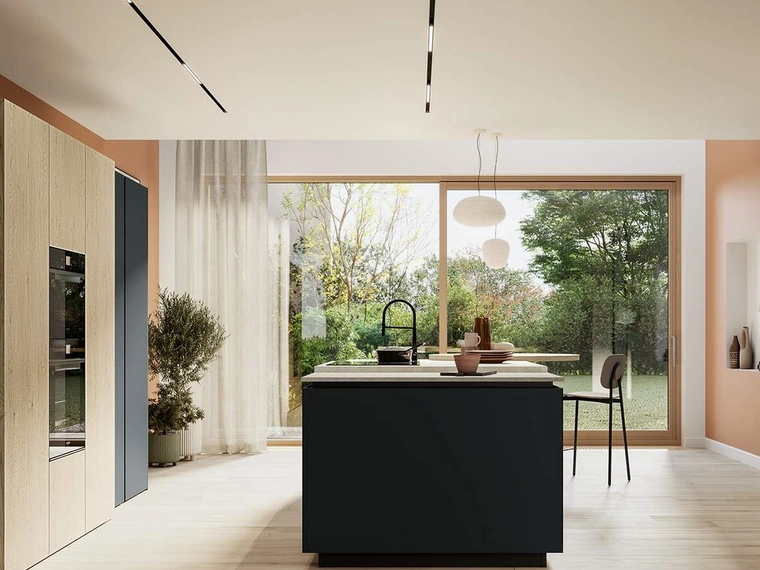 Cucina Moderna con isola Altea Composizione 03 in vetro nero opaco di Prima Cucine