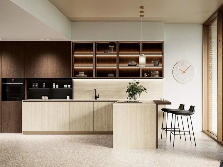 Cucina Moderna con penisola Altea Composizione 04 in laminam e legno di Prima Cucine