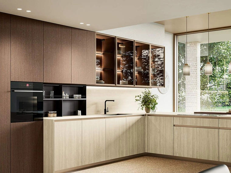 Cucina Moderna con penisola Altea Composizione 04 in laminam e legno di Prima Cucine