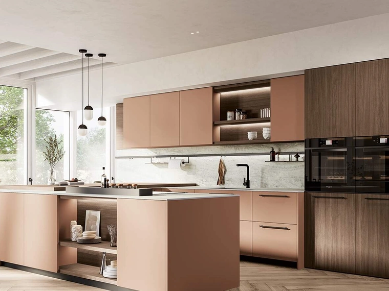 Cucina Moderna con penisola Domino Composizione 02 in laccato rosa petalo di Prima Cucine