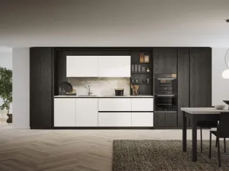 Cucina Moderna lineare Domino Composizione 03 in laminato bianco e melaminico rovere dark di Prima Cucine