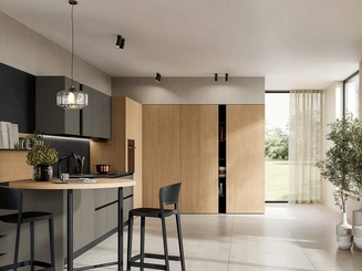 Cucina Moderna con penisola Domino Composizione 06 in melaminico metallico polvere cenere e rovere caramello di Prima Cucine