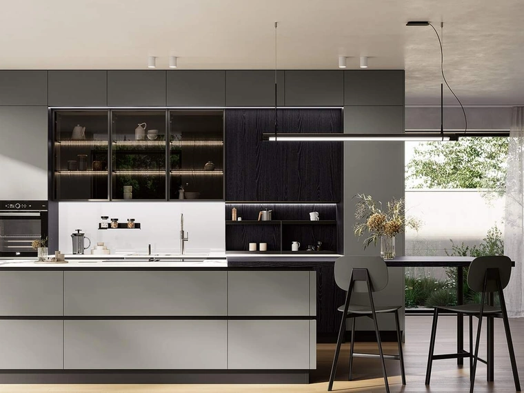 Cucina Moderna con isola Domino Composizione 07 in laccato grigio ferro e melaminico rovere nero di Prima Cucine