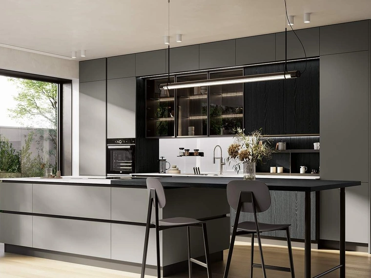Cucina Moderna con isola Domino Composizione 07 in laccato grigio ferro e melaminico rovere nero di Prima Cucine