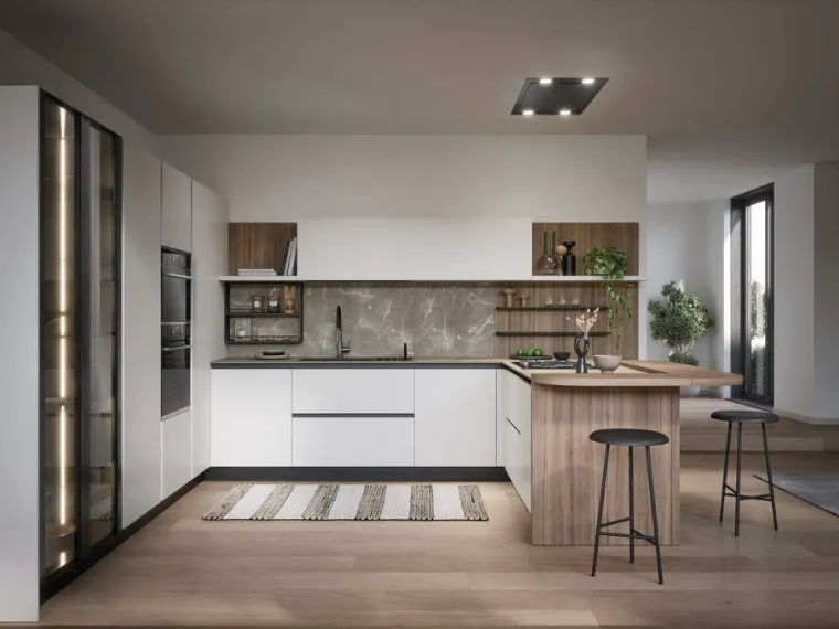 Cucina Moderna laccata lucida con penisola Luce Composizione 01 di Prima Cucine