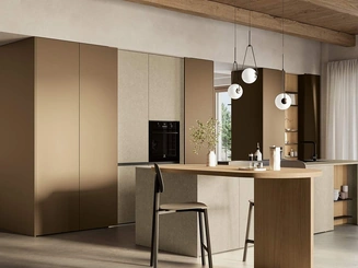 Cucina Moderna con penisola Domino Composizione 01 in laccato caramello di Prima Cucine