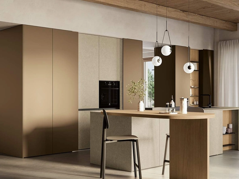 Cucina Moderna con penisola Domino Composizione 01 in laccato caramello di Prima Cucine