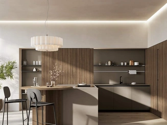 Cucina Moderna con penisola Domino Composizione 08 in melaminico metallico polvere argilla e melaminico noce Canaletto di Prima Cucine