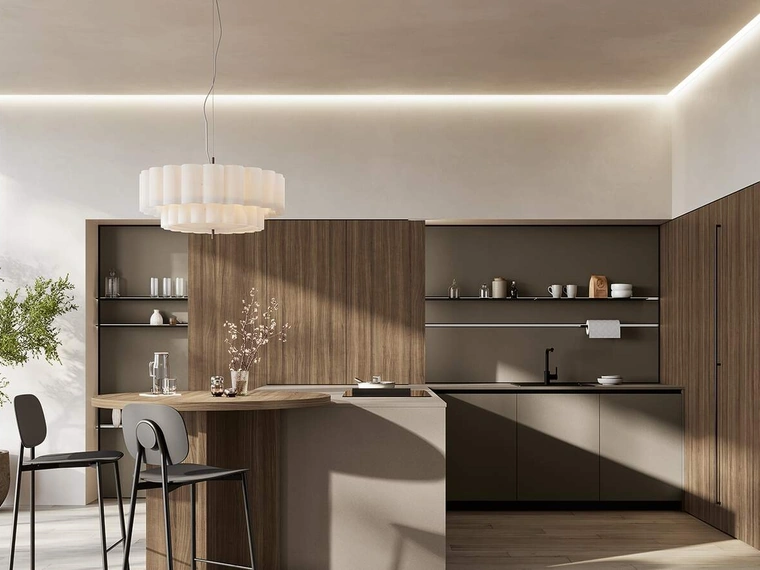 Cucina Moderna con penisola Domino Composizione 08 in melaminico metallico polvere argilla e melaminico noce Canaletto di Prima Cucine