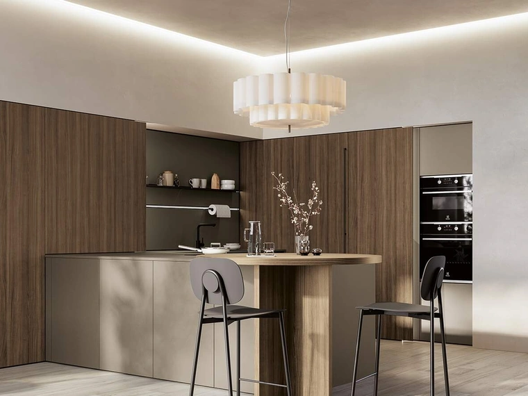 Cucina Moderna con penisola Domino Composizione 08 in melaminico metallico polvere argilla e melaminico noce Canaletto di Prima Cucine