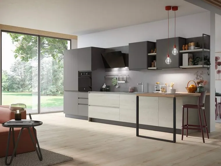 Cucina Moderna in laminato frassino e pet con penisola Fly Composizione 04 di Prima Cucine