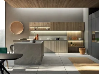 Cucina Moderna componibile in legno con isola Wave 01 di Fratelli Mirandola